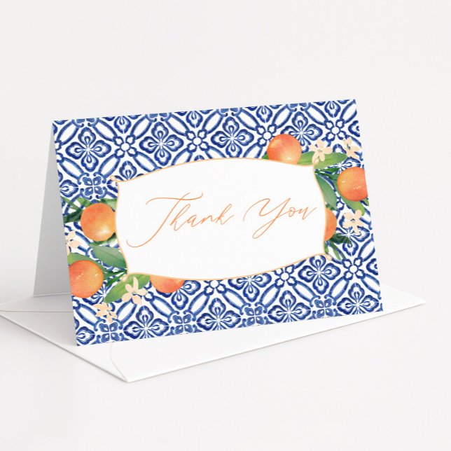 Citrus Sinensis Greenery Blue White Positano Tile Thank You Card (Positano watercolor oranges and blue tiles wedding shower thank you cards)
