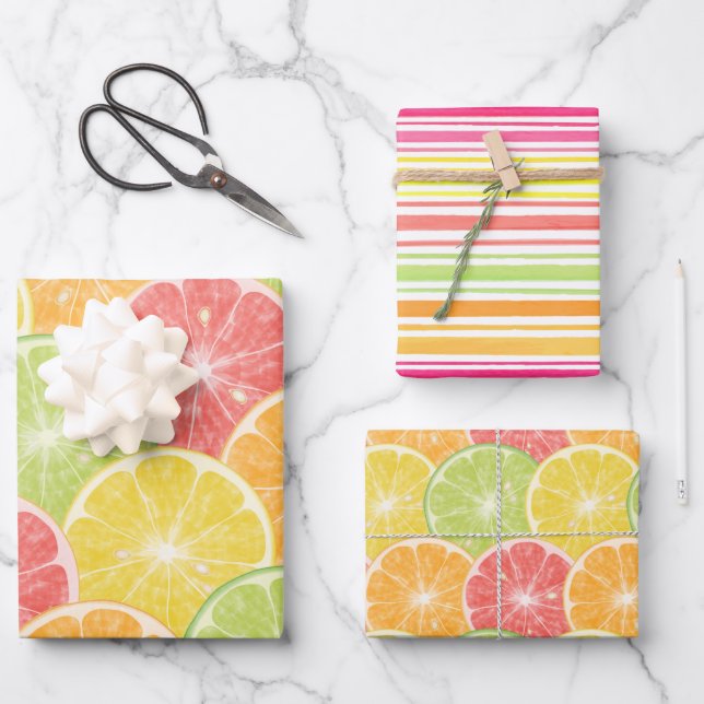 Citrus Slices and Stripes Wrapping Paper Sheets (Front)