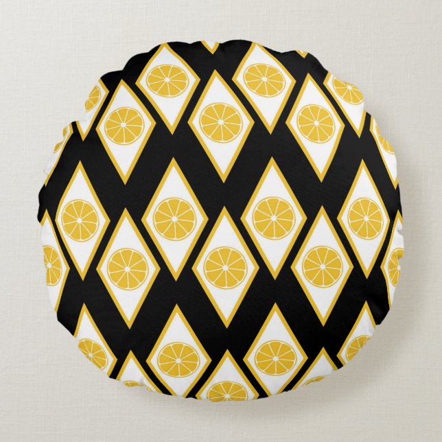 Citrus Slices in Modern Diamond Pattern Round Pillow (Front)