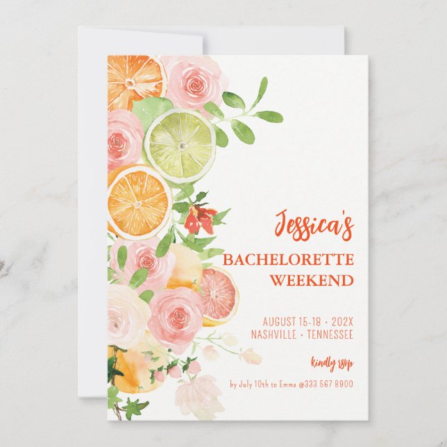 Citrus Summer Floral Bachelorette weekend Invitation (Front)