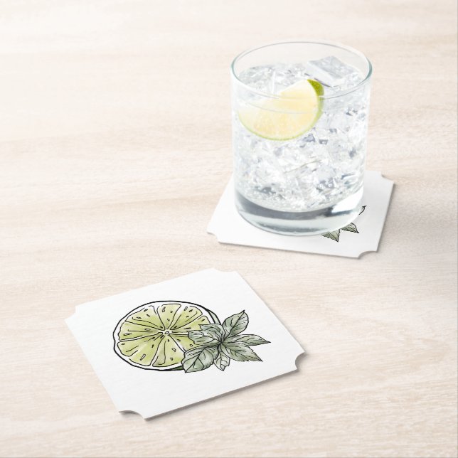 Citrus Summer Lime and Green Leaves Paper Coaster (Insitu)