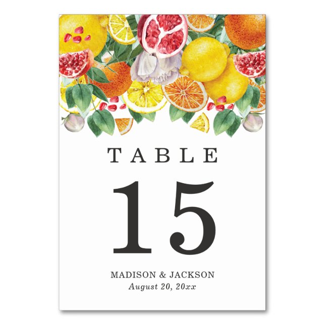 Citrus Watercolor Botanical Wedding Table Number (Front)