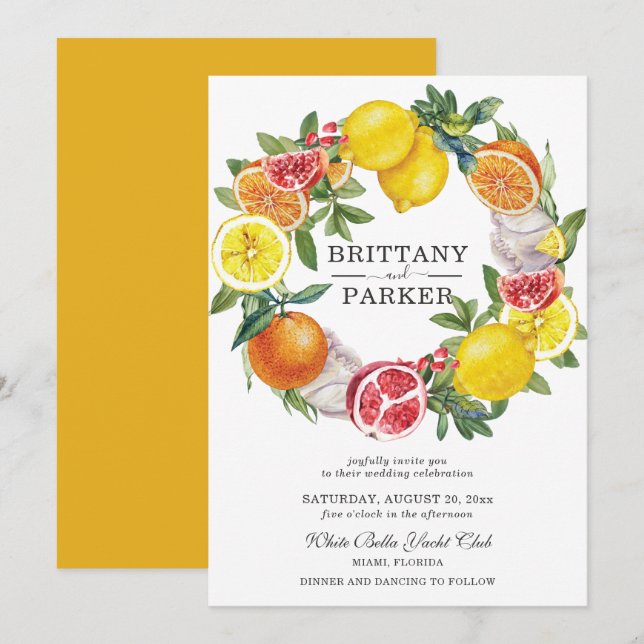 Citrus Watercolor Botanical Wreath Wedding Invitation (Front/Back)