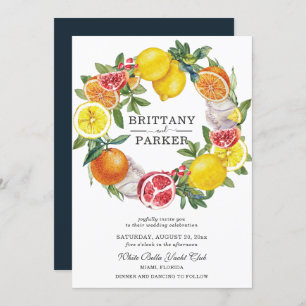 Citrus Watercolor Botanical Wreath Wedding Invitation