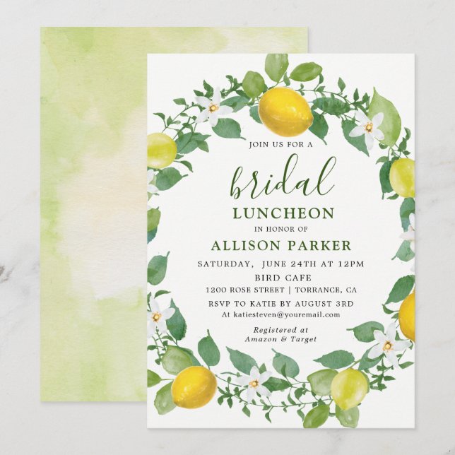 Citrus Watercolor Lemon Bridal Luncheon Invitation (Front/Back)