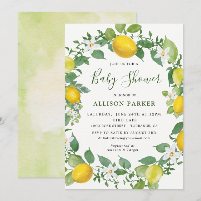 Citrus Watercolor Lemon Themed Baby Shower Invitation (Front/Back)