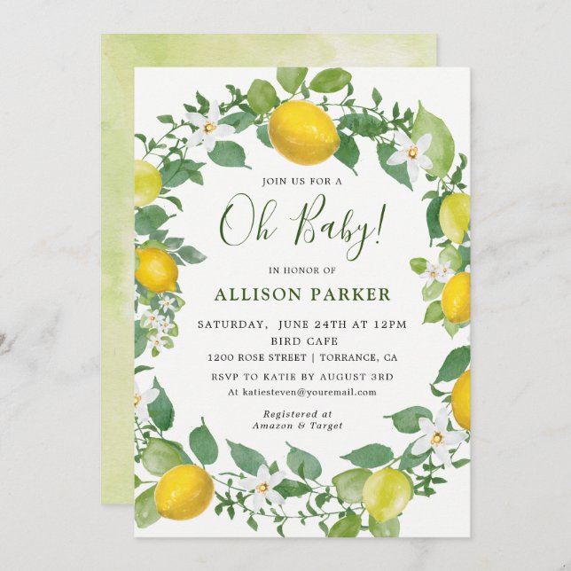 Citrus Watercolor Lemon Themed Baby Shower Invitation (Front/Back)