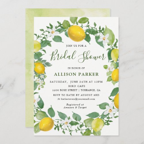 Citrus Watercolor Lemon Themed Bridal Shower Invitation