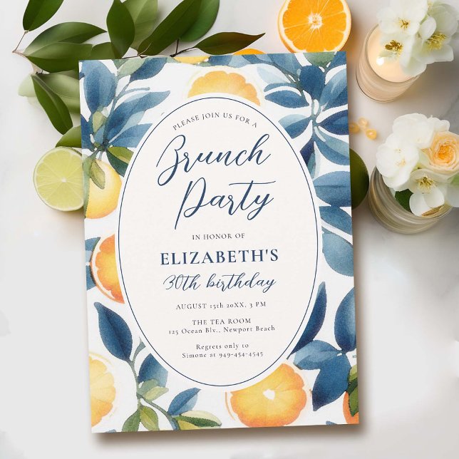 Citrus Watercolor Modern Blue Orange Birthday Invitation (birthday brunch invitation card template citrus lemon orange pattern blue tile watercolor elegant )
