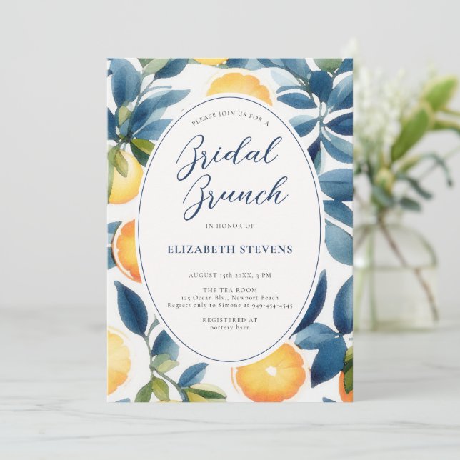 Citrus Watercolor Modern Blue Orange Bridal Shower Invitation (Standing Front)
