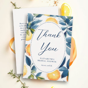 Citrus Watercolor Modern Blue Orange Bridal Shower Thank You Card