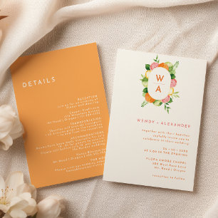 Citrus Watercolor Monogram Crest Wedding Details Invitation