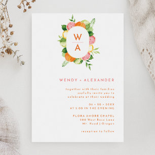 Citrus Watercolor Monogram Crest Wedding Invitation