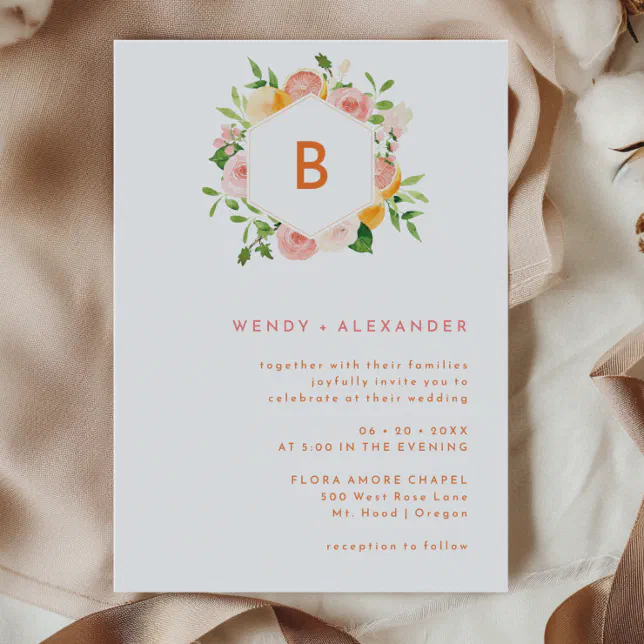 Citrus Watercolor Monogram Wedding Invitation | Zazzle