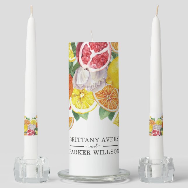 Citrus Watercolor Personalized Wedding Unity Candle Set (Front)