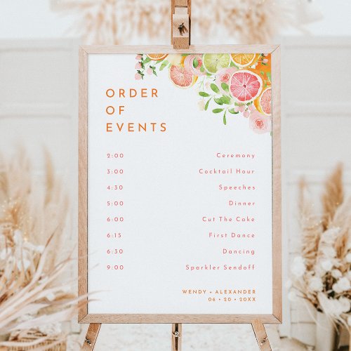 Citrus Watercolor Wedding Order of Events Sign