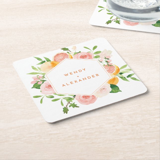 Citrus Watercolor Wedding Square Paper Coaster (Angled)