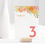 Citrus Watercolor Wedding Table Number<br><div class="desc">Elevate your wedding with our vibrant Citrus Watercolor Wedding Table Number Design, where every detail bursts with tropical charm and colorful joy. Immerse yourself in the refreshing beauty of white backgrounds adorned with lively watercolor graphics featuring oranges, limes, pink grapefruits, and delicate pink flowers intertwined with lush greenery. The typographic...</div>
