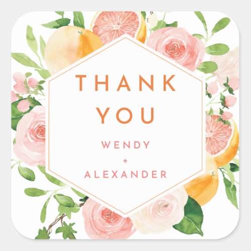 Citrus Watercolor Wedding Thank You Square Sticker