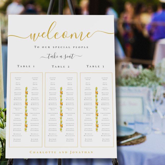 Citrus Wedding 3 Long Tables Seating Chart Foam Board (Lemons and oranges Citrus wedding 3 long tables seating chart)