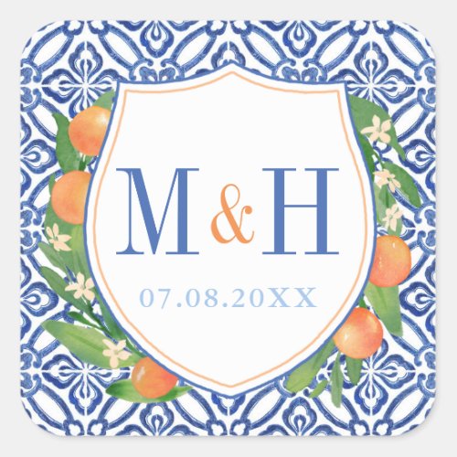 Citrus Wedding Logo Oranges With Blue Tiles Square Sticker
