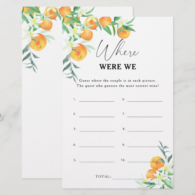 Citrus - Where were we bridal shower game (Front/Back)