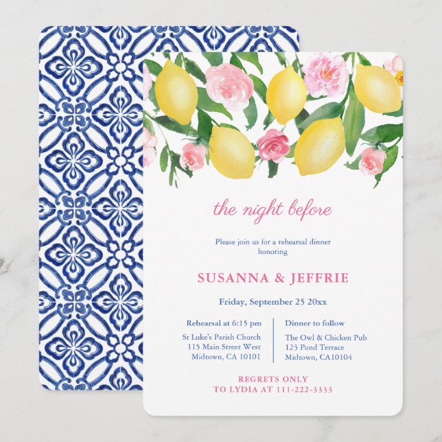 Citrus With Pink Accents Wedding Rehearsal Dinner Invitation (Front/Back)
