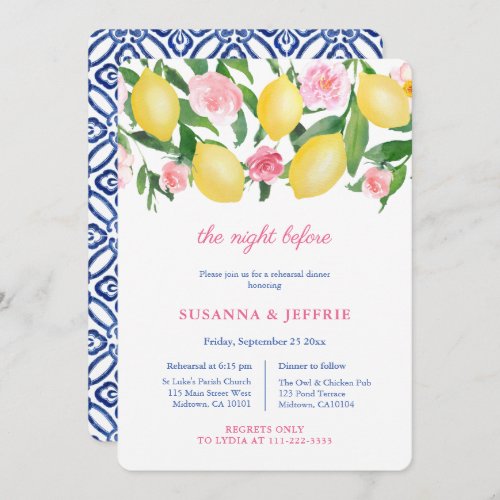Citrus With Pink Accents Wedding Rehearsal Dinner Invitation