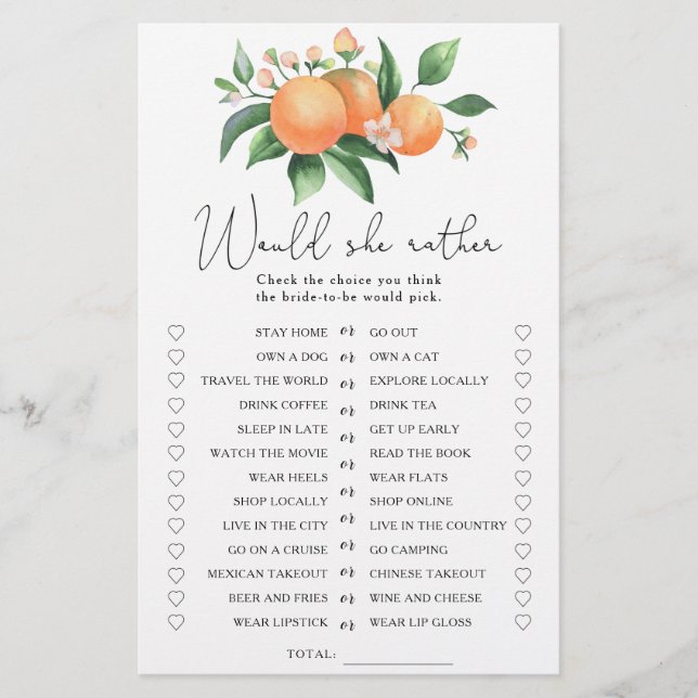Citrus - Would she rather bridal shower game (Front)