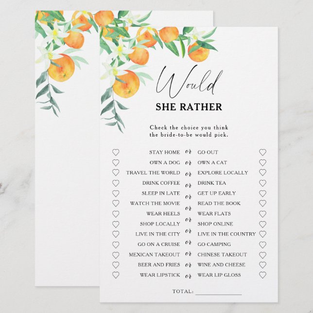 Citrus - Would she rather bridal shower game (Front/Back)