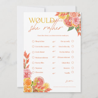 Citrus Would She Rather Bridal Shower Game Invitation