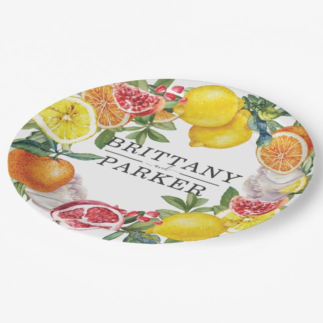 Citrus Wreath Botanical Wedding Paper Plates (Angled)