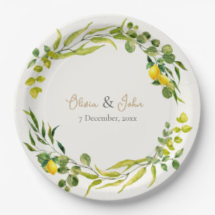 Citrus Yellow and Green Watercolor Lemon Wedding Paper Plates