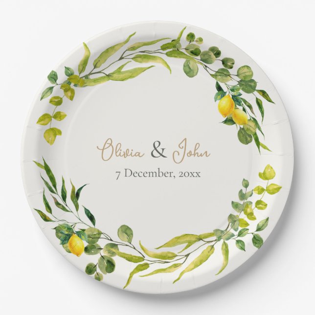 Citrus Yellow and Green Watercolor Lemon Wedding Paper Plates (Front)