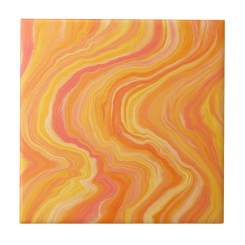 Citrus Yellow and Orange Wavy Stripes Ceramic Tile