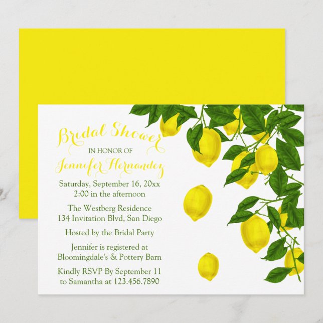 Citrus Yellow Bridal Shower  Lemon & Green Wedding Invitation (Front/Back)