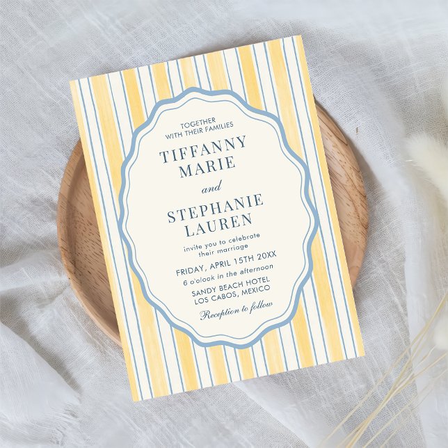 Citrus Yellow Elegant Modern Stripe Wedding Invitation (Creator Uploaded)