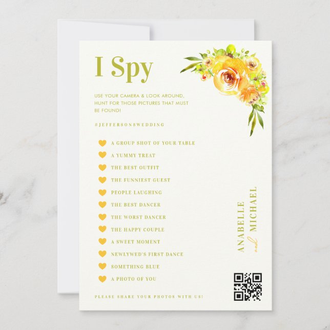 Citrus Yellow Floral Wedding I Spy Hunt Game Card (Front)
