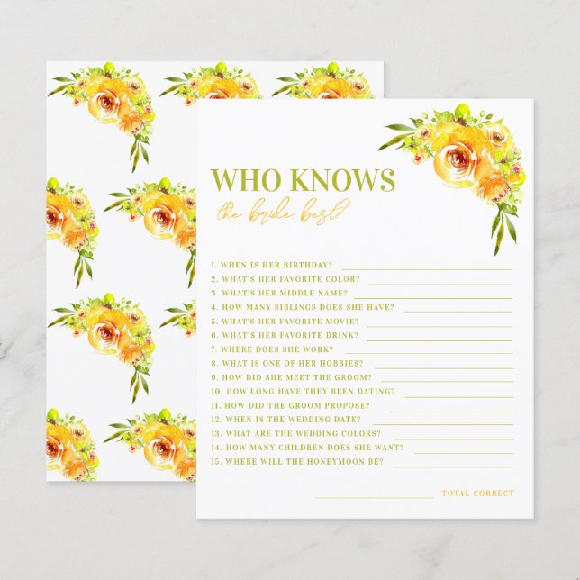 Citrus Yellow Floral Who Knows the Bride Best Game (Front/Back)