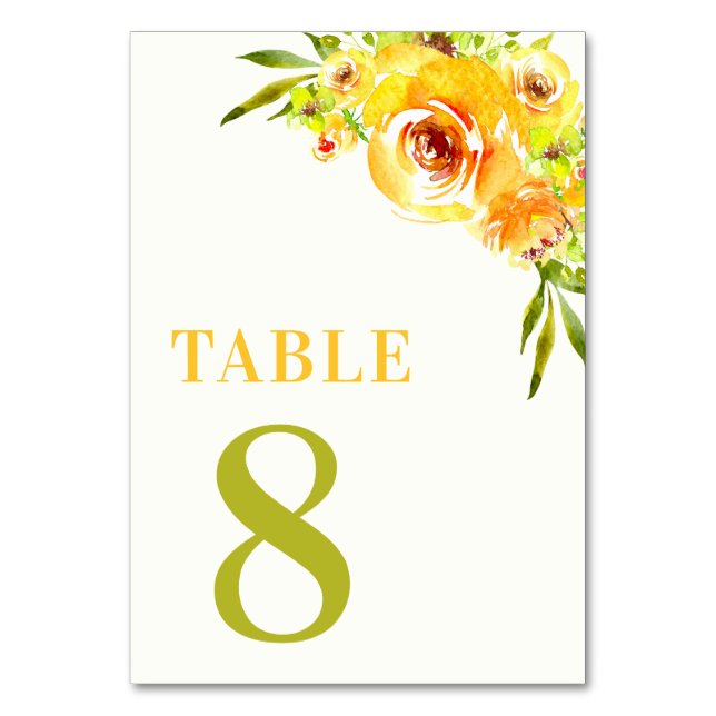 Citrus Yellow Green Garden Floral Table 8 Wedding Table Number (Front)