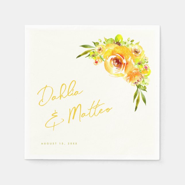 Citrus Yellow Green Vibrant Summer Floral Wedding Napkins (Front)