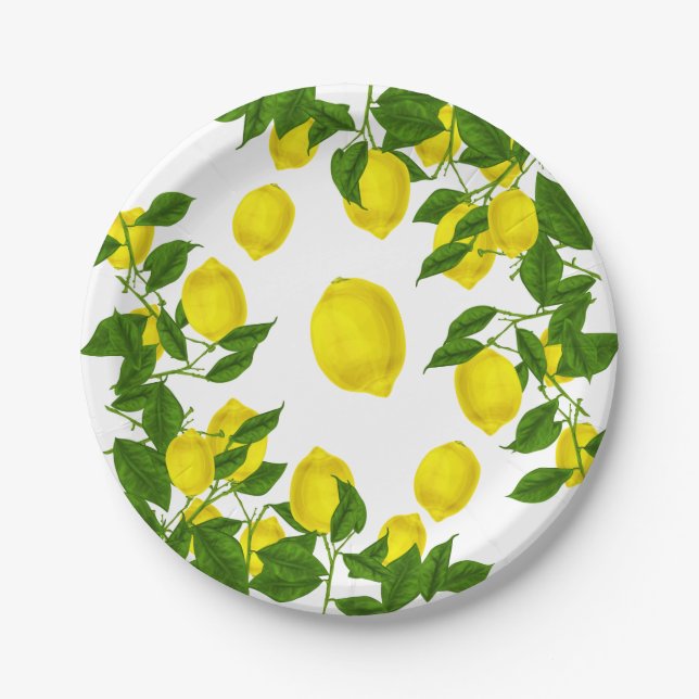 Citrus Yellow Lemon Green Leaves Wedding Party Paper Plates (Front)