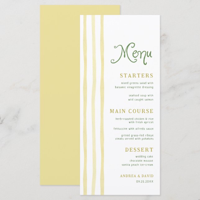 Citrus Yellow Stripe Handwriting Summer Wedding Menu (Front/Back)