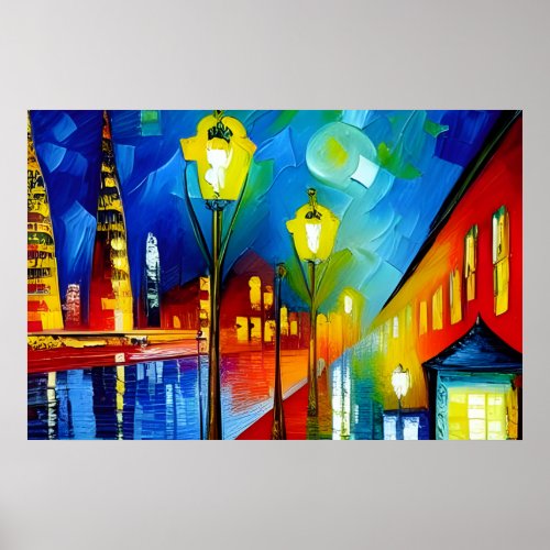 City at night colourful acrylic oil painting poster