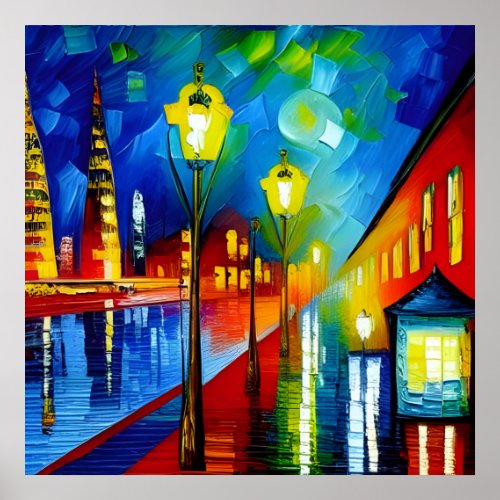 City at night colourful acrylic oil painting poster