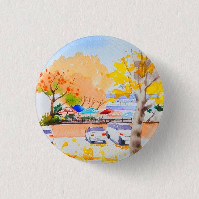 City autumn scenery watercolor  button (Front)