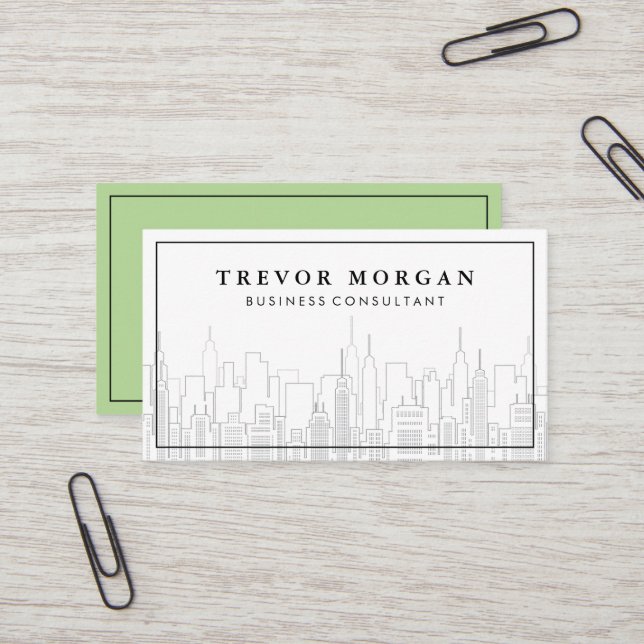 City Background | Black Border Green Business Card (Front/Back In Situ)