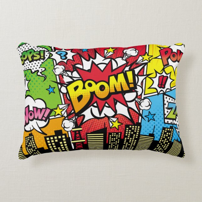 City background material with comic art style spee accent pillow (Front)