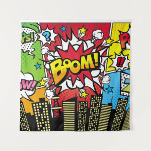 City background material with comic art style spee tapestry