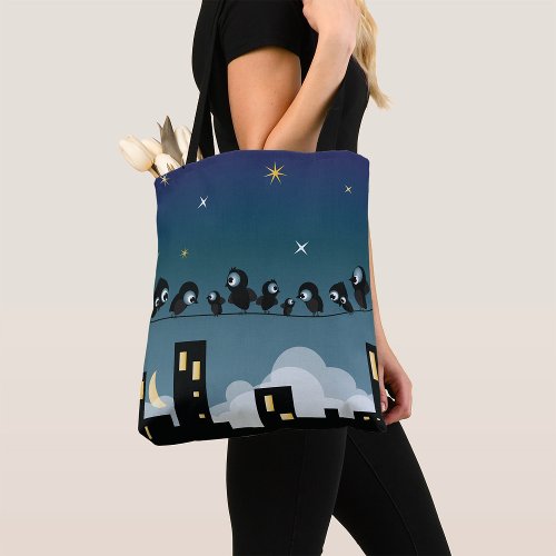 City Birds On A Wire Starry Sky Tote Bag